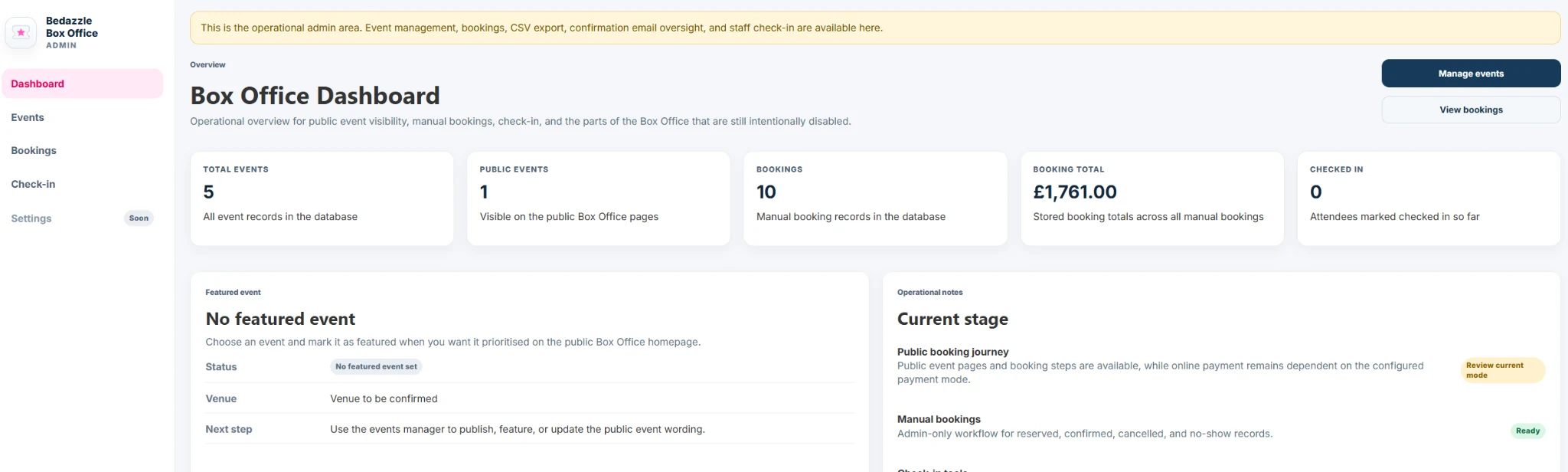 Bedazzle Box Office administration dashboard showing event, booking and check-in overview information
