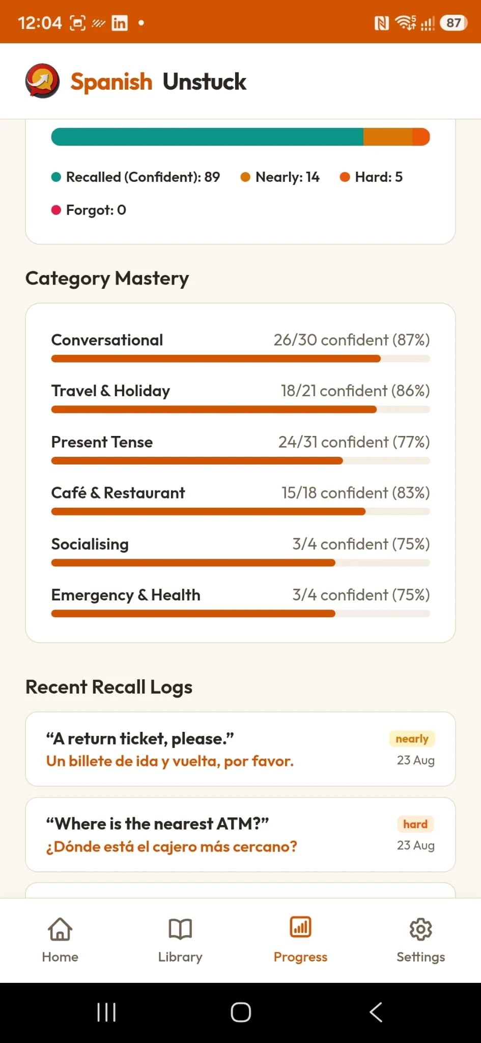 Spanish Unstuck mobile progress screen showing recall confidence, category mastery and recent recall activity